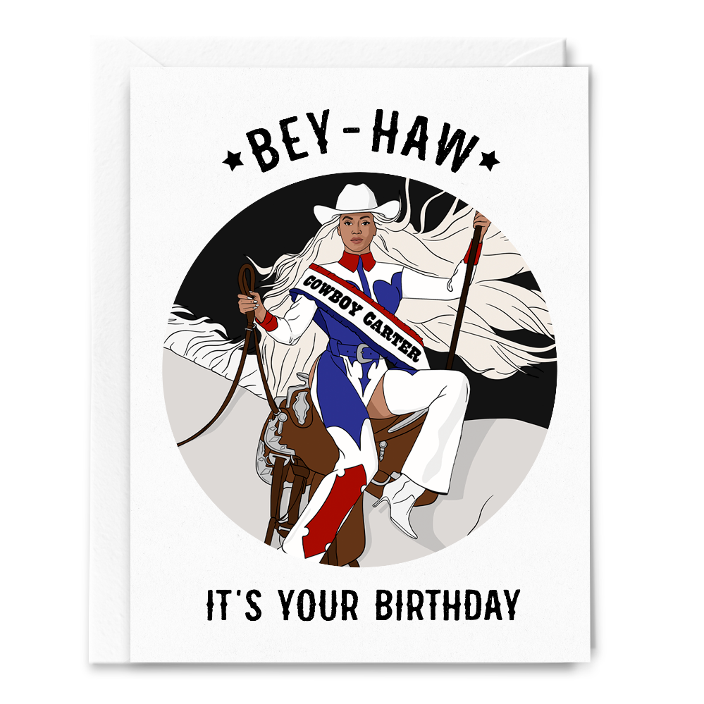 Bey-Haw birthday card with hand-sketched pop cowgirl art